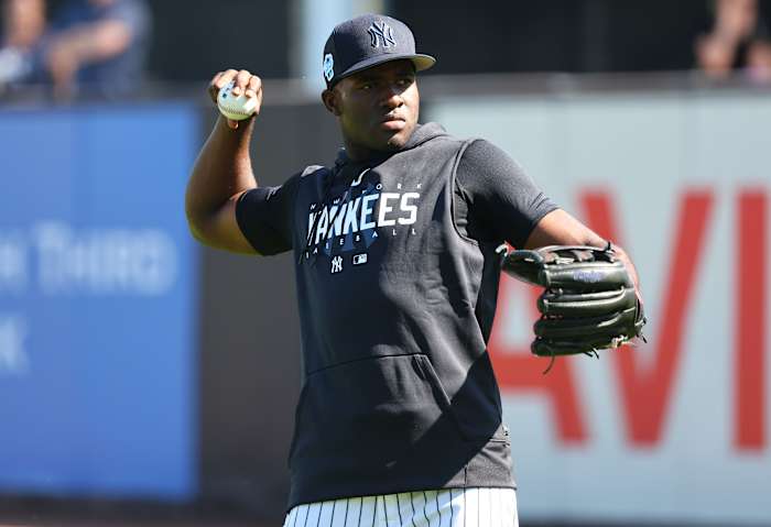 Feb 20, 2023; Tampa, FL, USA; New York Yankees center fielder Estevan Florial (90) works out during spring training practice at George M Steinbrenner Field. Mandatory Credit: Kim Klement-USA TODAY Sports